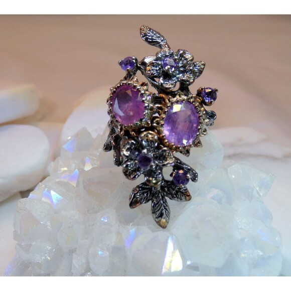 Natural Pink Tourmaline Amethyst Oxidized Sterling Silver Ring Vine Botanical - Picture 7 of 8